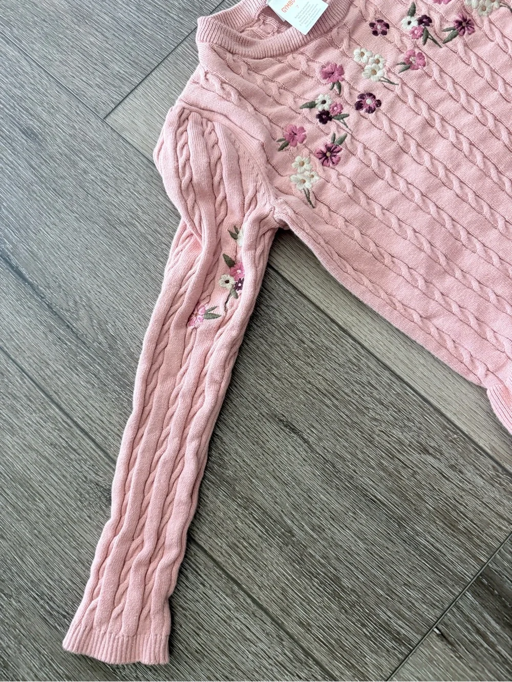 Gymboree Pink Cable Knit Sweater with Floral Embroidery